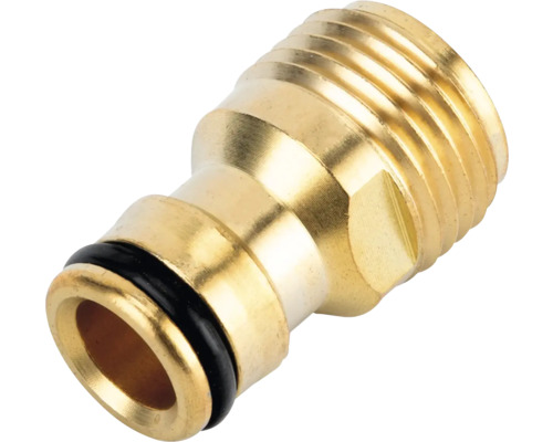 Conector de furtun din alamă pentru irigarea grădinii cu filet exterior și inel de etanșare.