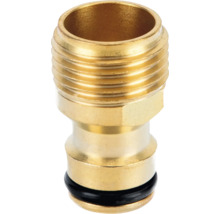 Conector pentru robinet din alamă cu filet exterior și sistem de cuplare rapidă pentru irigarea grădinii.