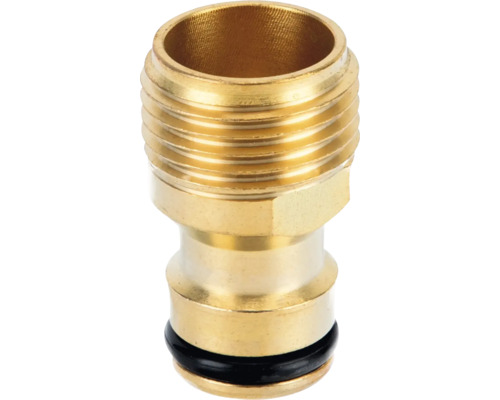 Conector pentru robinet din alamă cu filet exterior și sistem de cuplare rapidă pentru irigarea grădinii.
