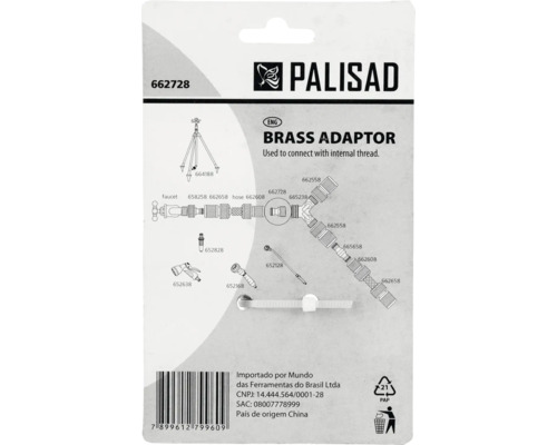 Spatele ambalajului unui adaptor din alamă Palisad cu o diagramă a posibilităților de conectare pentru sistemele de irigare a grădinii.