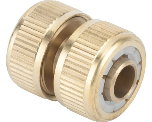 Conector de furtun din alamă cu suprafață striată pentru furtunuri de grădină.