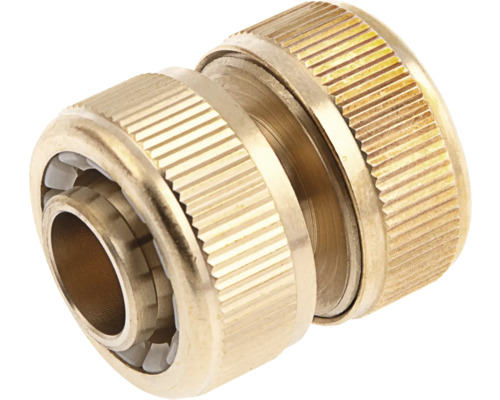 Conector de reparare din alamă pentru furtunuri de grădină cu suprafață striată.