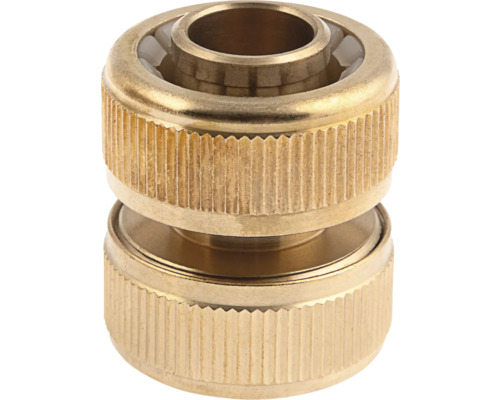 Conector de furtun din alamă cu suprafață striată pentru repararea furtunurilor de grădină.