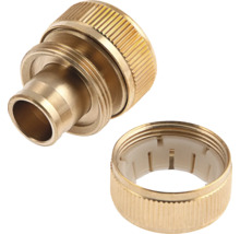 Conector pentru furtun și piuliță olandeză din alamă cu suprafață de prindere striată.