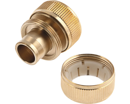 Conector pentru furtun și piuliță olandeză din alamă cu suprafață de prindere striată.