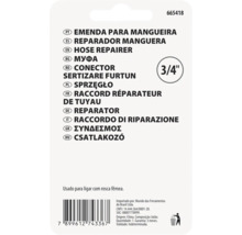 Partea posterioară a ambalajului pentru un conector de furtun 3/4 inch cu denumiri multilingve și cod de bare.