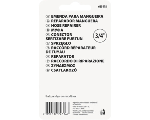 Partea posterioară a ambalajului pentru un conector de furtun 3/4 inch cu denumiri multilingve și cod de bare.