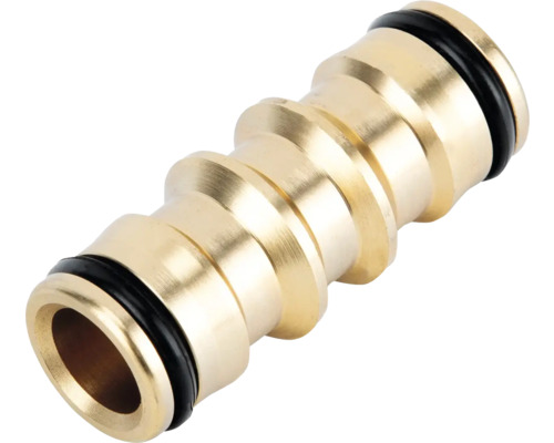 Conector de furtun niplu dublu din alamă cu două inele de etanșare pentru furtunuri de grădină și sistem de cuplare rapidă.