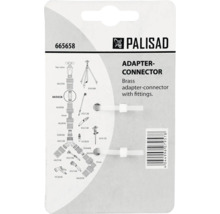 Logo Palisad pe un ambalaj pentru un conector adaptor din alamă cu diagrame de instalare în sisteme de irigare.