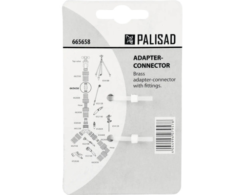 Logo Palisad pe un ambalaj pentru un conector adaptor din alamă cu diagrame de instalare în sisteme de irigare.