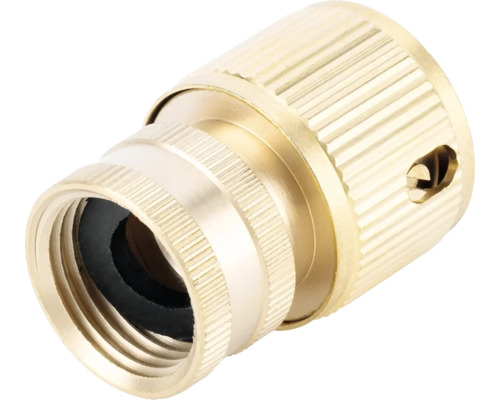 Conector de furtun din alamă cu suprafață striată pentru o prindere mai bună și garnitură de cauciuc integrată.