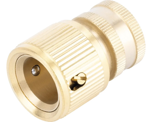 Conector de furtun din alamă pentru furtunuri de grădină cu suprafață striată.