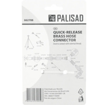 Sigla Palisad pe ambalajul unui conector rapid din alamă pentru furtun cu diagrame care prezintă diverse opțiuni de conectare pentru irigarea grădinii.