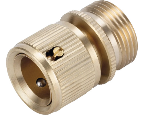 Conector de furtun din alamă pentru furtunuri de grădină cu filet exterior și suprafață striată.
