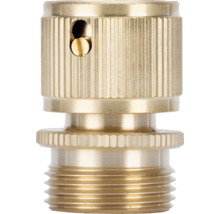 Conector de furtun din alamă cu filet exterior și suprafață striată pentru o prindere sigură.