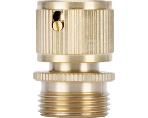 Conector de furtun din alamă cu filet exterior și suprafață striată pentru o prindere sigură.