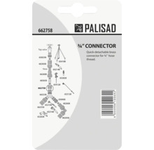 Spatele ambalajului Palisad pentru conector de furtun din alamă de 3/4 inch cu Palisad Logo și diagramă pentru sisteme de irigații.