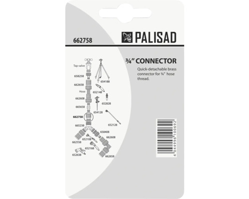 Spatele ambalajului Palisad pentru conector de furtun din alamă de 3/4 inch cu Palisad Logo și diagramă pentru sisteme de irigații.