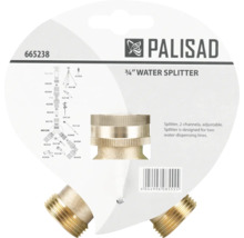 Logo Palisad. Distribuitor de apă din alamă pentru două conducte cu racord de 3/4 inch și diagramă de sistem.