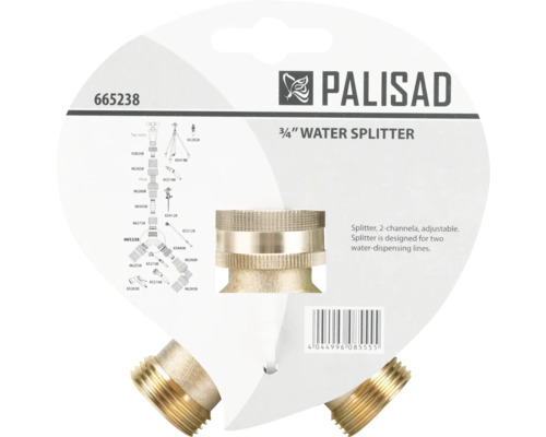 Logo Palisad. Distribuitor de apă din alamă pentru două conducte cu racord de 3/4 inch și diagramă de sistem.