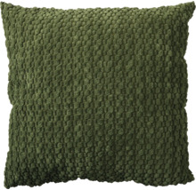Pernă decorativă pătrată de culoare verde închis cu suprafață texturată cu noduri.