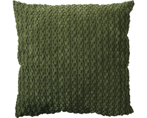 Pernă decorativă pătrată de culoare verde închis cu suprafață texturată cu noduri.