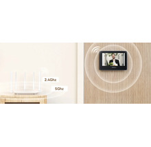 Videointerfon Imou cu monitor pe ușă de lemn, conectat la router Wi-Fi prin frecvențele de 2,4 Gigahertz și 5 Gigahertz.