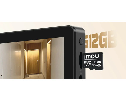 Vedere detaliată a unui monitor pentru stații video de ușă cu un card Imou Micro SD de 512 gigabyți în slot.