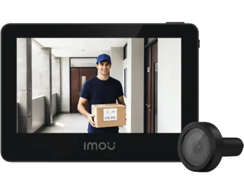 Vizor digital IMOU cu monitor care afișează un curier pe un hol și o unitate de cameră separată.