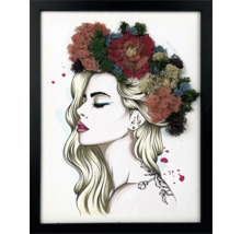 Tablou înrămat cu ilustrația unei femei și o coroană colorată din mușchi natural de Islanda într-o ramă neagră.