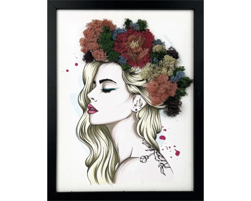 Tablou înrămat cu ilustrația unei femei și o coroană colorată din mușchi natural de Islanda într-o ramă neagră.