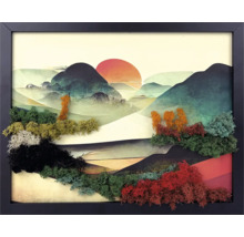 Tablou cu mușchi înrămat cu peisaj montan și soare, mușchi structurat pentru un efect 3D.