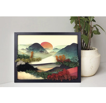 Tablou cu mușchi înrămat reprezentând un peisaj montan cu soare, decorațiune de perete din mușchi conservat.