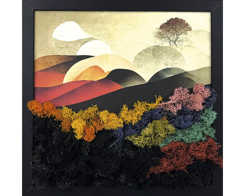 Tablou cu mușchi reprezentând un peisaj cu dealuri și un copac în ramă neagră, prim-plan din mușchi stabilizat colorat.
