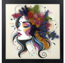 Tablou înrămat cu ilustrația unui chip de femeie și aplicații din mușchi de Islanda colorat.