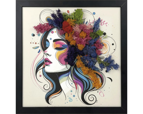 Tablou înrămat cu ilustrația unui chip de femeie și aplicații din mușchi de Islanda colorat.