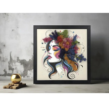 Tablou pătrat cu ramă neagră reprezentând portretul unei femei, decorat cu mușchi natural colorat.