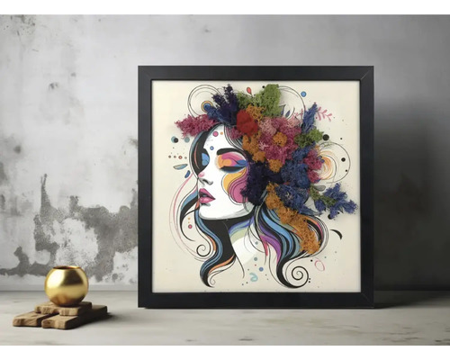 Tablou pătrat cu ramă neagră reprezentând portretul unei femei, decorat cu mușchi natural colorat.