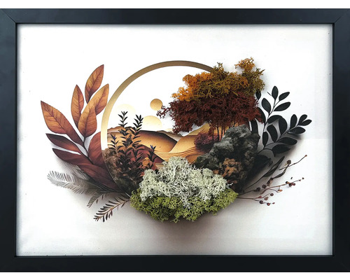 Tablou de perete în ramă neagră cu un peisaj tridimensional din mușchi conservat, plante uscate, pietre și o grafică.