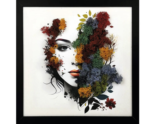 Tablou modern din mușchi în ramă neagră, reprezentând un portret de femeie combinat cu mușchi islandez colorat.