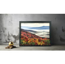 Tablou cu ramă neagră, peisaj montan de toamnă, ceață și licheni naturali pe un perete cu aspect de beton.