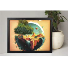 Tablou 3D din mușchi în ramă neagră cu ilustrație de peisaj și un copac din mușchi natural.