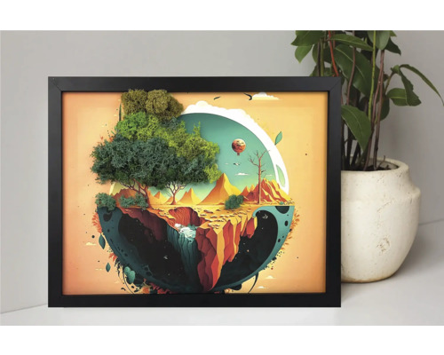 Tablou 3D din mușchi în ramă neagră cu ilustrație de peisaj și un copac din mușchi natural.