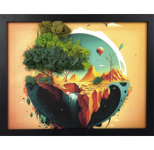 Tablou de perete în ramă neagră cu mușchi conservat în format 3D, reprezentând un peisaj suprarealist cu munți și copaci.