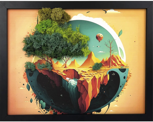 Tablou de perete în ramă neagră cu mușchi conservat în format 3D, reprezentând un peisaj suprarealist cu munți și copaci.