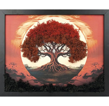 Tablou cu mușchi Copacul Vieții, decorațiune de perete cu mușchi stabilizat roșu în ramă neagră cu decor din mușchi.