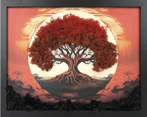 Tablou cu mușchi Copacul Vieții, decorațiune de perete cu mușchi stabilizat roșu în ramă neagră cu decor din mușchi.