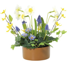 Aranjament floral artificial cu narcise, zambile și margarete într-un ghiveci