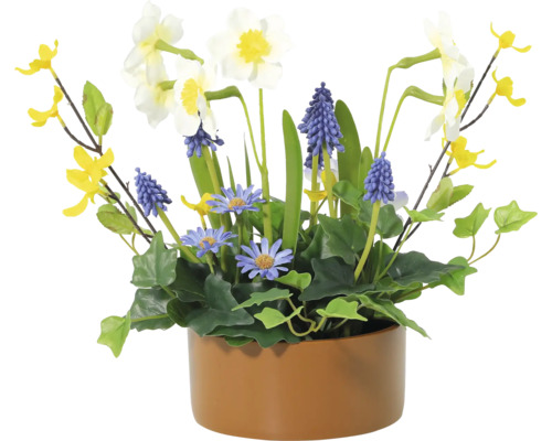 Aranjament floral artificial cu narcise, zambile și margarete într-un ghiveci