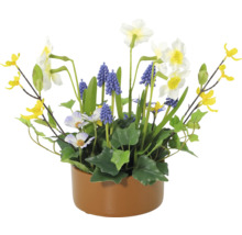 Aranjament floral cu narcise, zambile strugure și flori decorative galbene în ghiveci